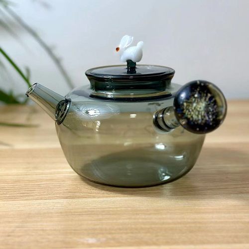 厂家批发高硼硅玻璃茶壶透黑自带过滤孔创意玉兔壶星空侧把煮茶壶