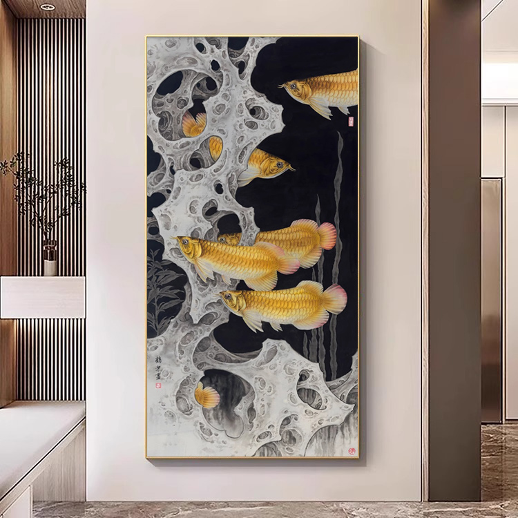 新中式酒店大堂楼梯高档金龙鱼装饰画现代玄关走廊过道招财挂壁画图片