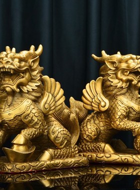 优选黄铜麒麟摆件一对财富麒麟八卦纯家居客厅办公室前台装饰品工