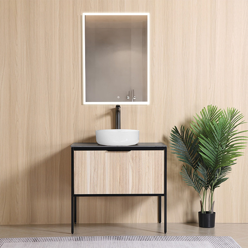 原木风PVC浴室柜落地式80厘米台上盆洗手台高级不锈钢架浴室柜