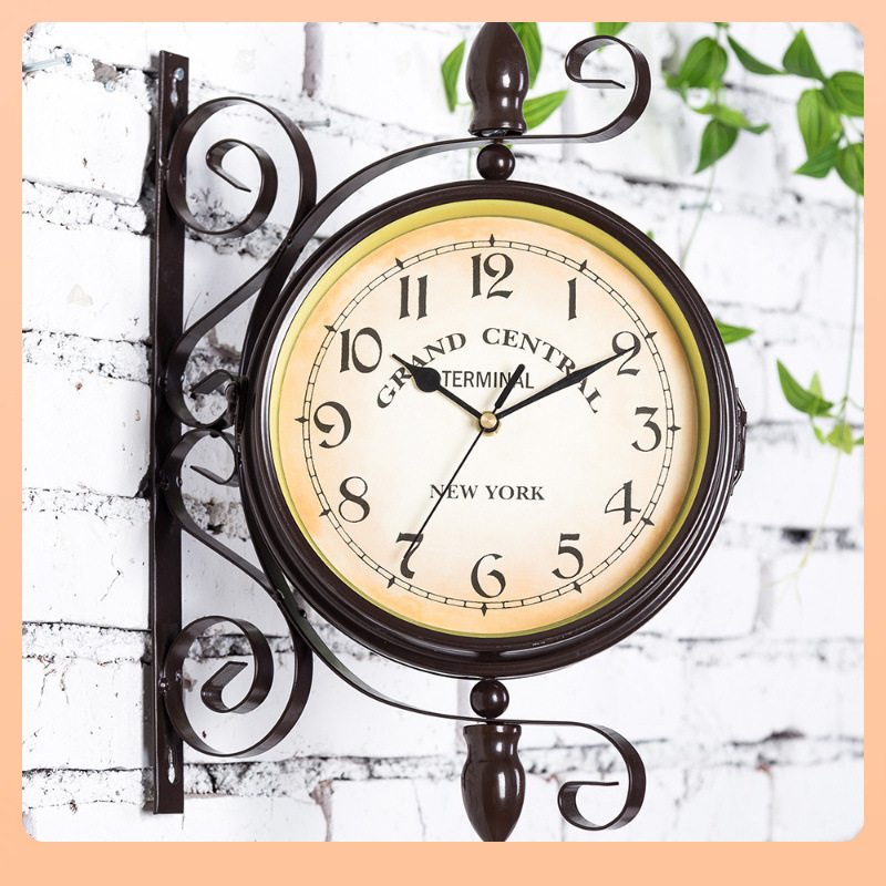 ?欧式铁艺双面挂钟创意美式两面挂表现代简约客厅家用钟表复古时