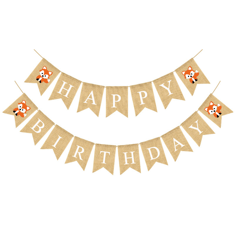 厂家直供宝宝周岁派对装饰拉花狐狸HAPPY BIRTHDAY麻布燕尾旗