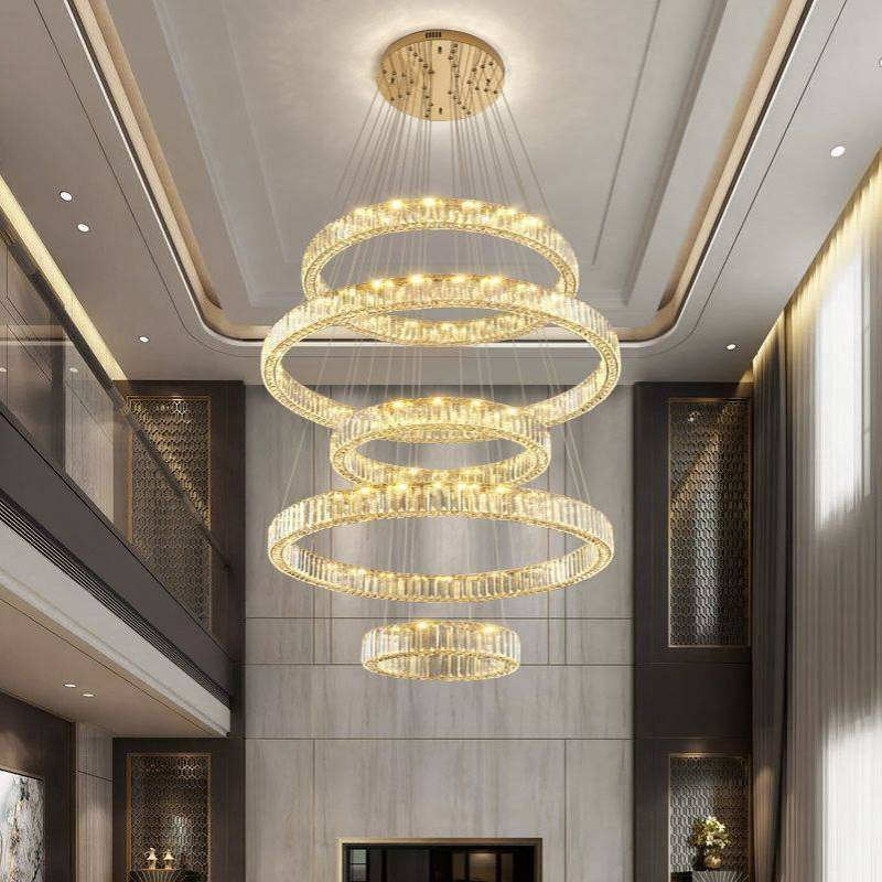 轻奢别墅复式楼大吊灯客厅灯2024年新款挑空水晶灯圆形楼梯长吊灯