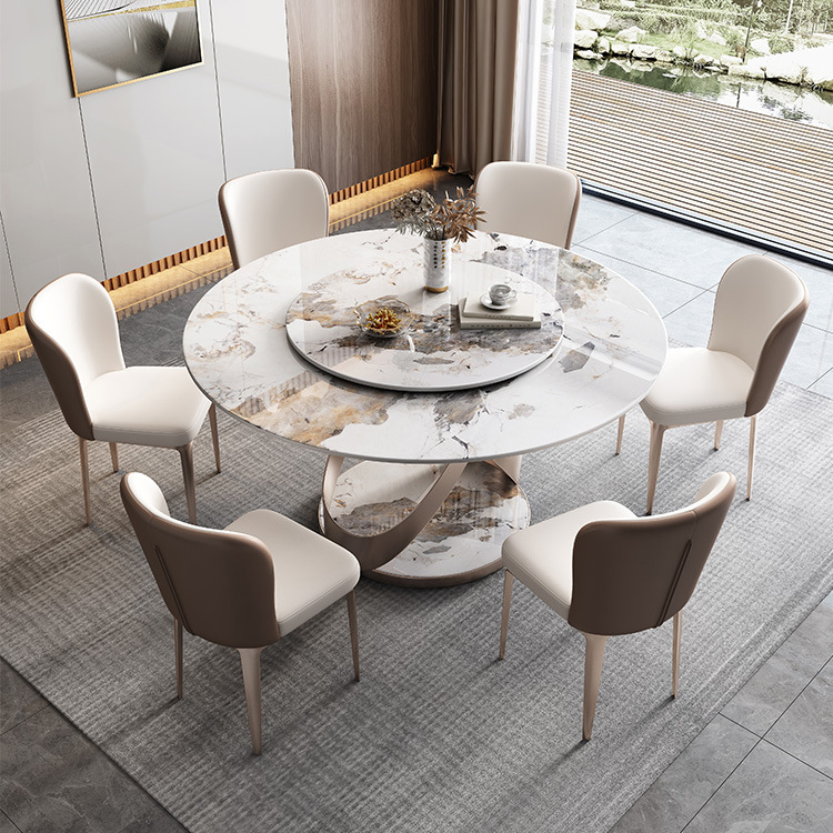意式轻奢圆形岩板餐桌椅组合现代简约高端亮光旋转家用小户型饭桌