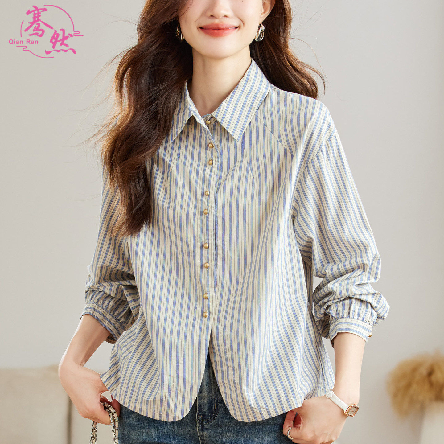 2025纯棉条纹长袖衬衫 女士POLO领休闲宽松上衣 春装简约通勤风棉