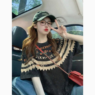 黑色美式复古短袖t恤女夏