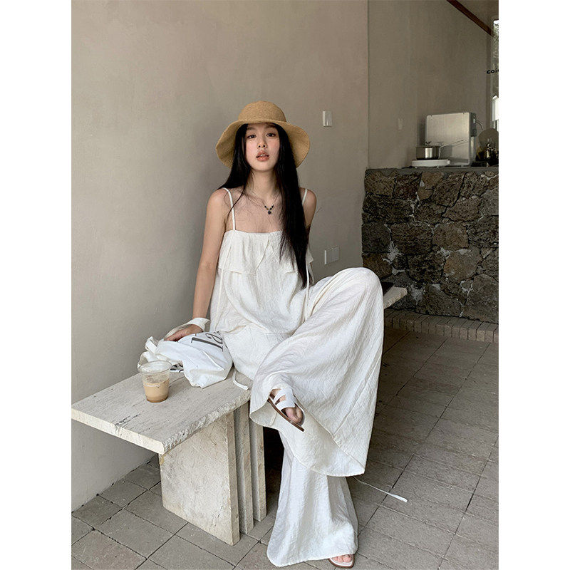 韩系白色荷叶边吊带背心上衣女夏季新款休闲 宽松阔腿长裤两件套