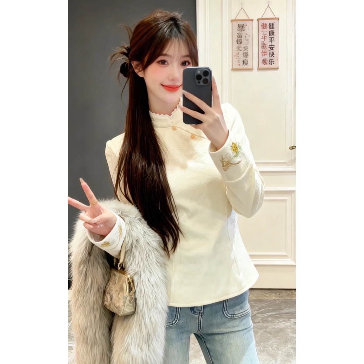 新中式国风立领长袖衬衫女士高级感洋气百搭收腰显瘦白色上衣女装