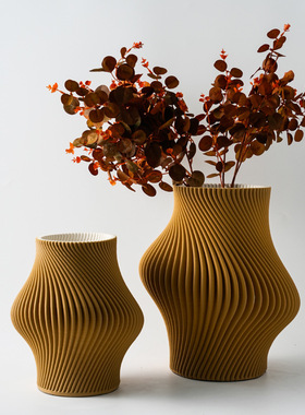 现代简约高档装饰品3D打印陶瓷橙黄色花瓶摆件不规则艺术干插花器