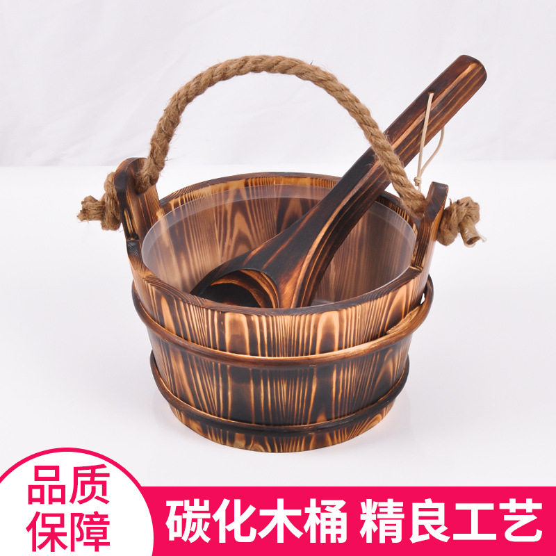 4L手提桑拿桶汗蒸房木桶木勺干蒸房桑拿炉浇水桶送内胆汗蒸房
