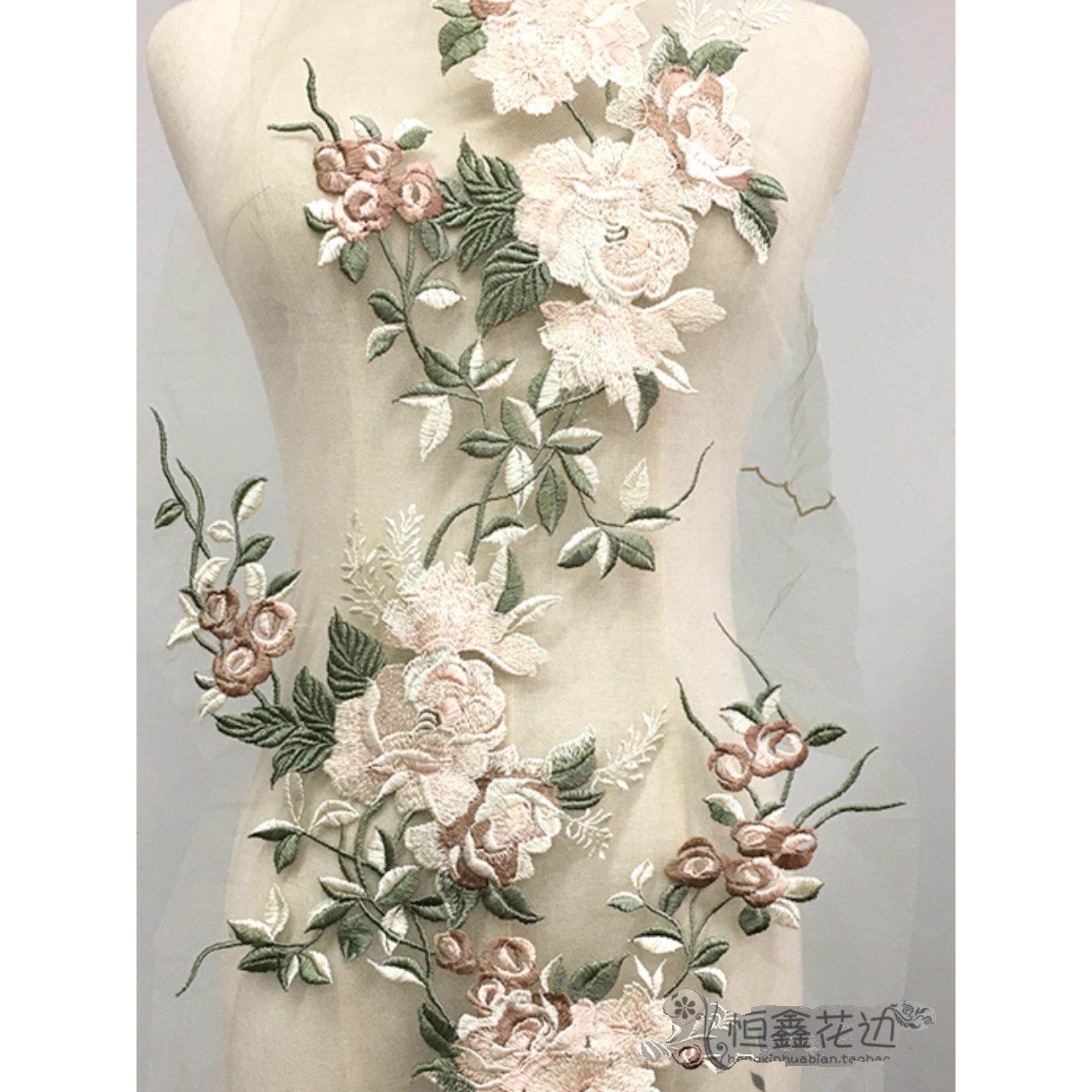 多色田园花朵刺绣长条蕾丝网纱花贴服装裙子礼服旗袍DIY装饰布料
