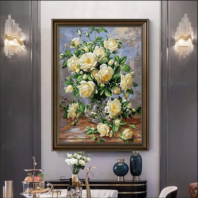 高级感钻石画白玫瑰餐厅欧式花瓶花卉客厅贴钻十字绣新款5d砖石绣
