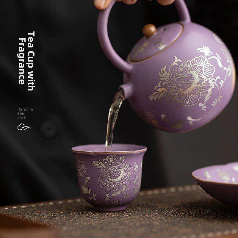 仿宋汝窑丁香紫牡丹手抓壶高档泡茶壶开片可养功夫茶具泡茶器