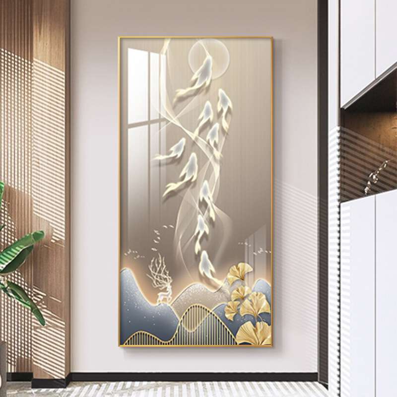 九鱼聚财玄关装饰画竖版客厅壁画现代轻奢入户走廊过道酒店挂画图片
