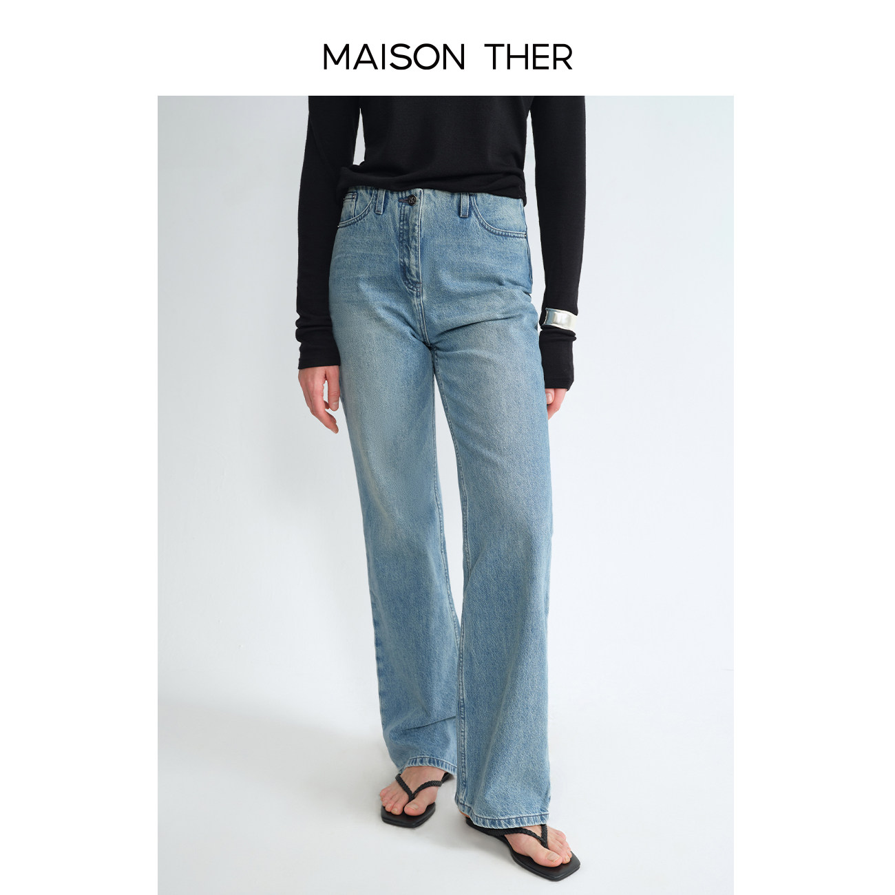 MAISON THER通穿四季截断腰头设计摩登低腰微喇牛仔裤遮肉显腿型