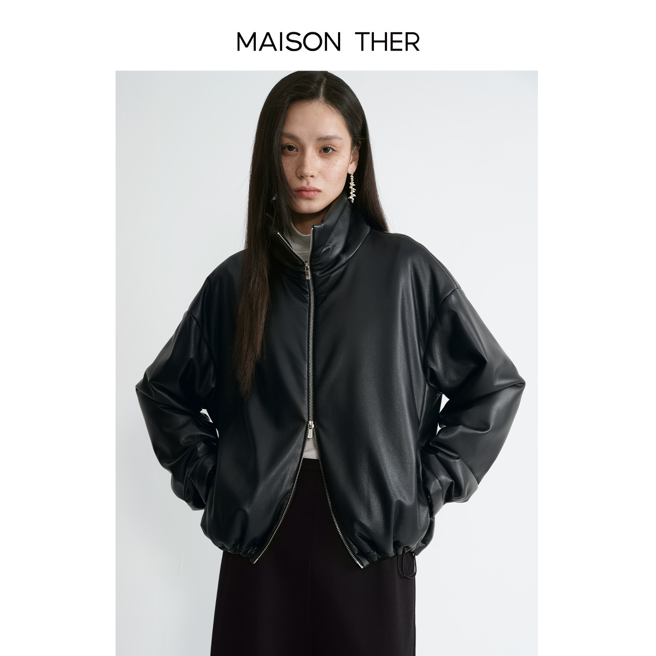 MAISON THER2025女士早春型格单品立领环保皮革短款棉服拉链夹克