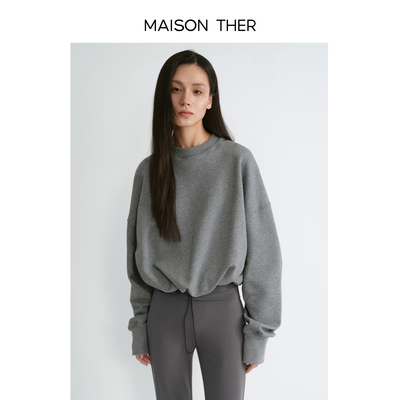 MAISON THER经典单品高挑显瘦圆领廓形袖卫衣拼接PU皮革通勤休闲