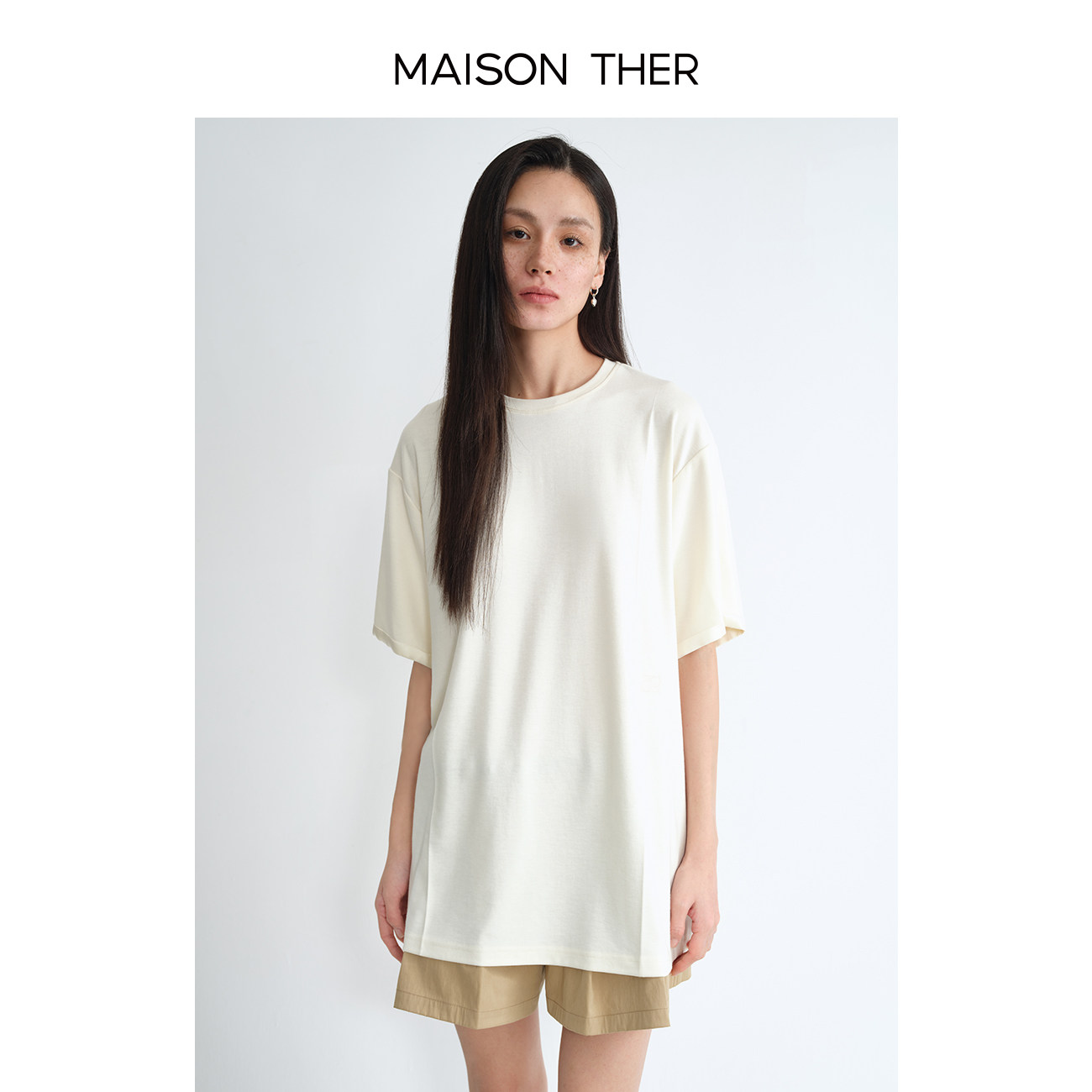 MAISON THER【智感通勤】2025春季新款真丝拼接褶饰醋酸短袖T恤女