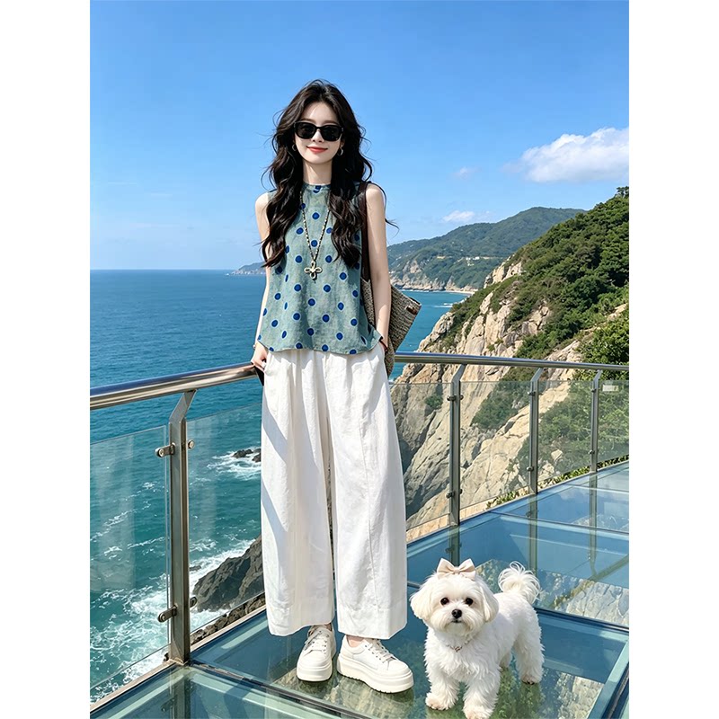 2026夏季韩系小清新波点无袖上衣套装垂感休闲阔腿裤时尚两件套女