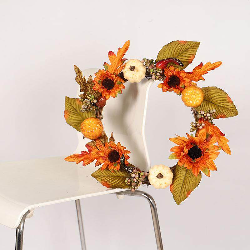 人造向日葵秋季南瓜枫叶花环 秋天感恩节装饰挂件门挂花圈