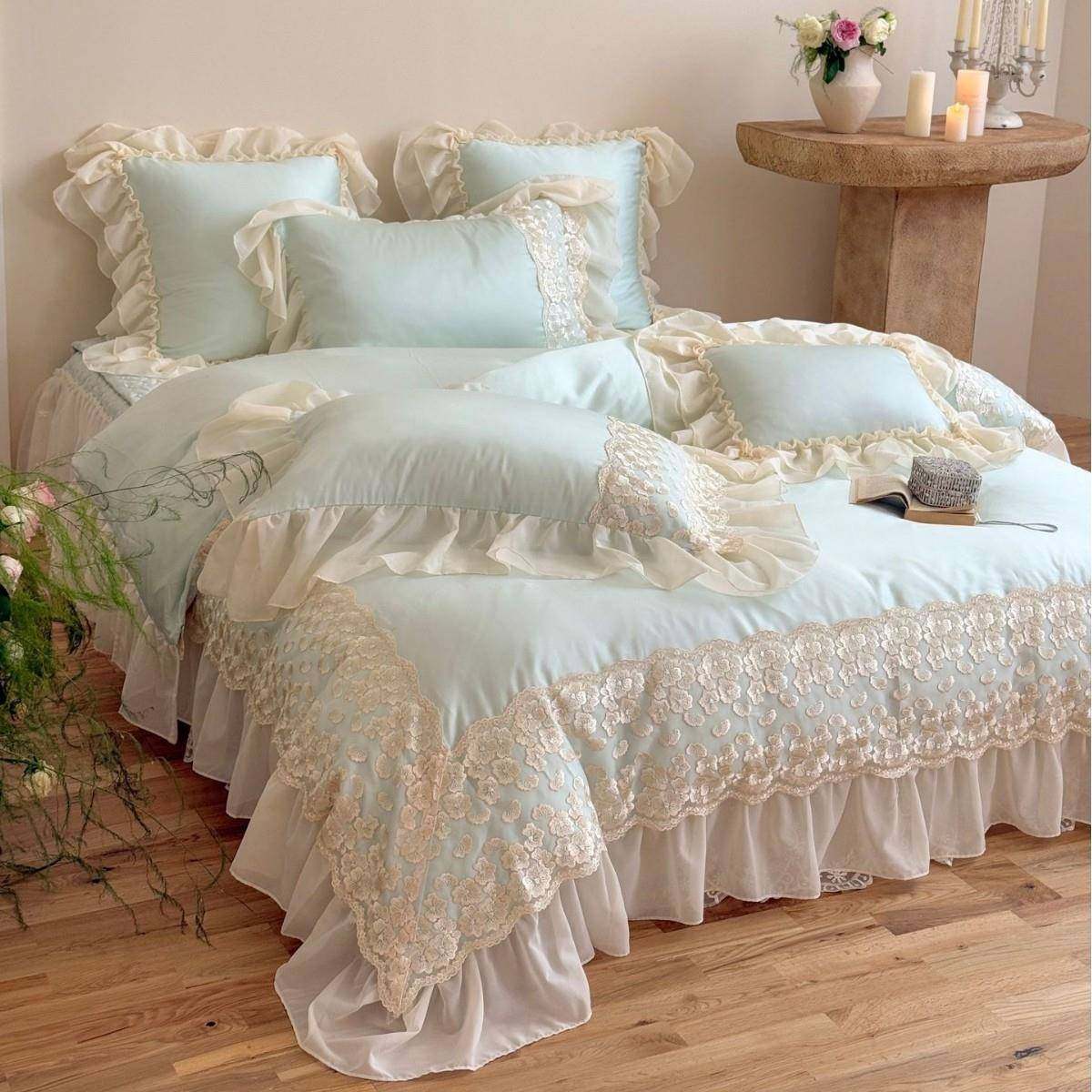 法式公主风全棉长绒棉床上四件套纯棉蕾丝边被套床单床盖轻奢床品