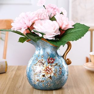 欧式 饰复古文艺摆件 轻奢陶瓷彩绘小花瓶 工艺客厅插花奶壶家居装
