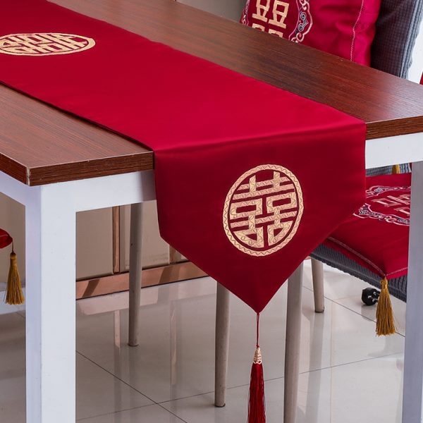中式喜字锦缎喜庆桌旗婚房布置餐桌布茶几电视柜桌布装饰结婚用品