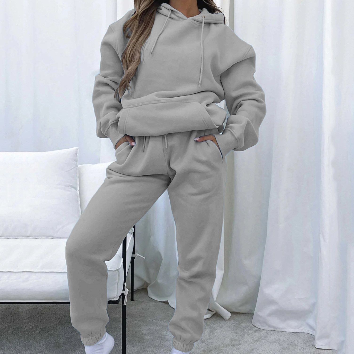 Women Sweater Outfit Hooded连帽套头长裤女装口袋长袖卫衣套装