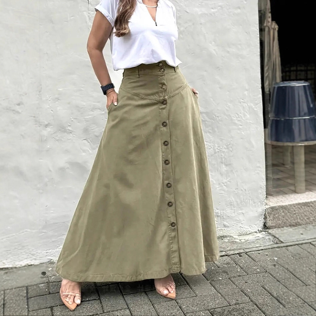 Women Skirts Elegant女装优雅高腰半身裙口袋前开衩a字裙中长裙