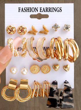 Earring Set豹纹多层几何蝴蝶爱心耳钉复古缠绕仿珍珠耳环套装6件