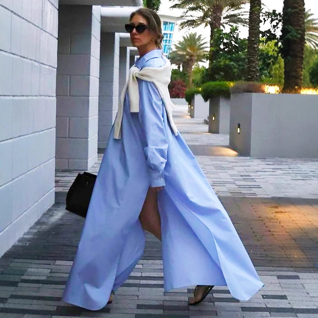 Women Long Dresses法式休闲时尚慵懒宽松衬衫长裙开叉连衣裙女