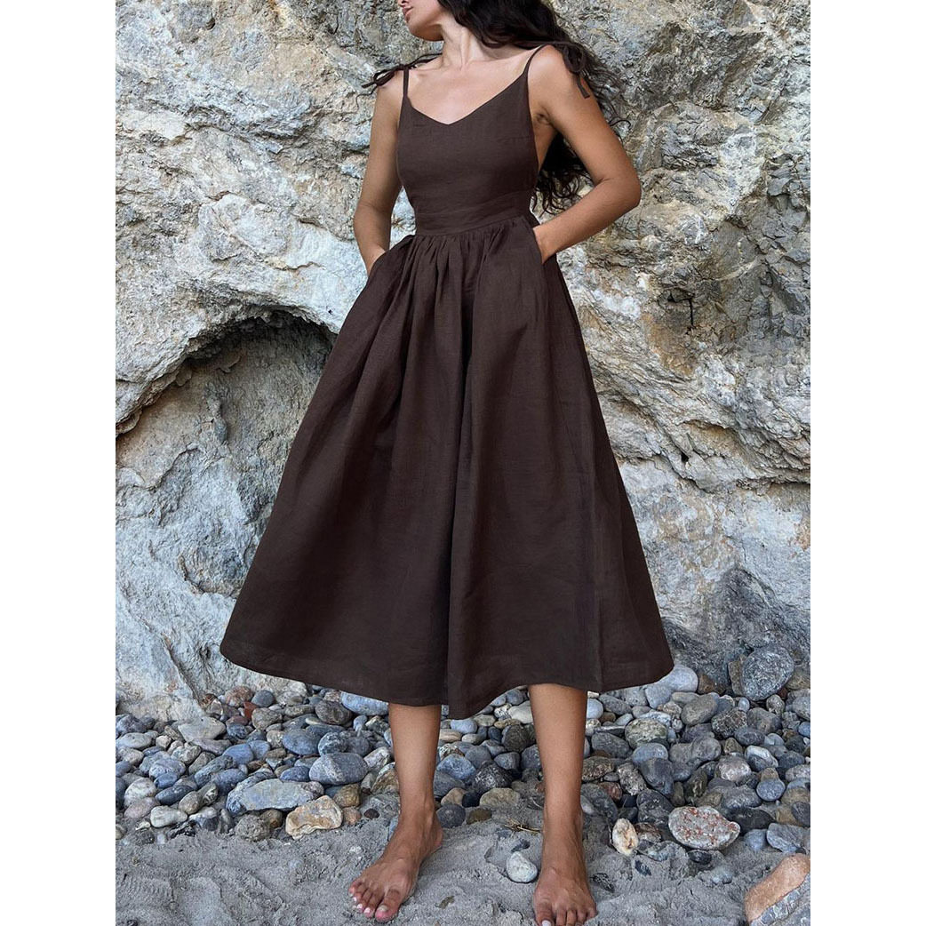 Women Dresses Cotton Linen绑带性感纯欲棉麻绑带露背吊带连衣裙