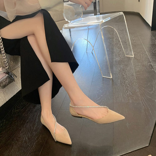 Women Flat Shoes精致时尚尖头浅口水钻链条侧空性感低跟单鞋女夏