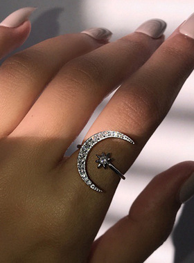 Ring Gift月牙戒指欧美时尚星月戒指 民族风星星月亮食指开口戒指