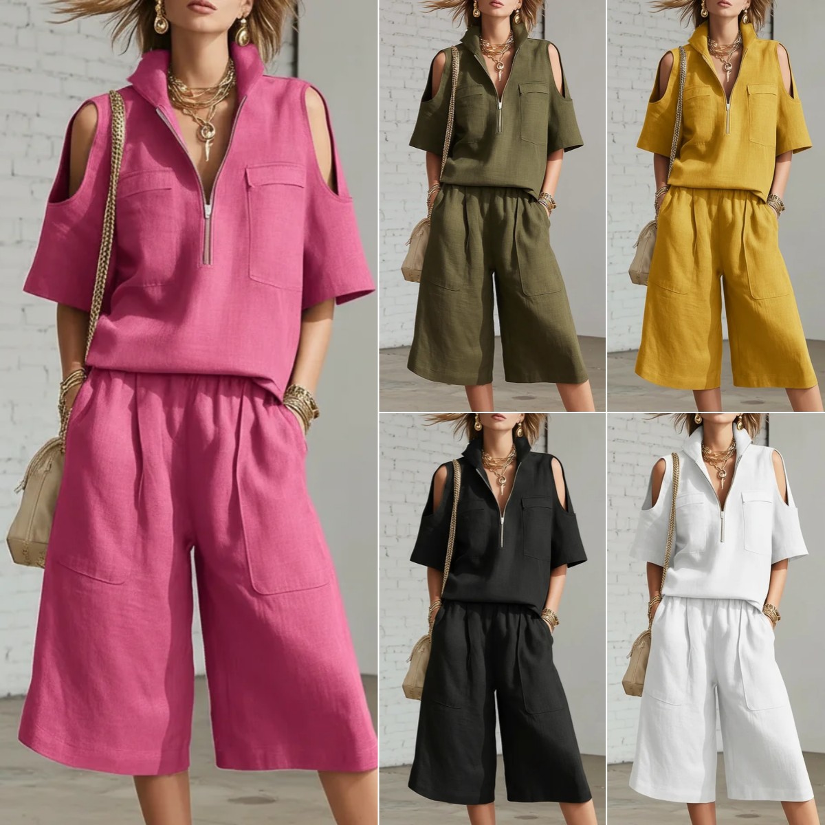 Women Outfits Shirts+Pants夏季女装短袖短裤衬衫宽松裤子两件套