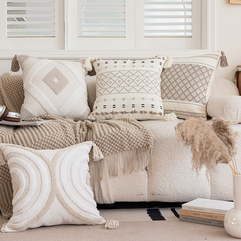 Sofa Cushion Pillow北欧风抱枕家用沙发带流苏靠垫小方格枕套芯