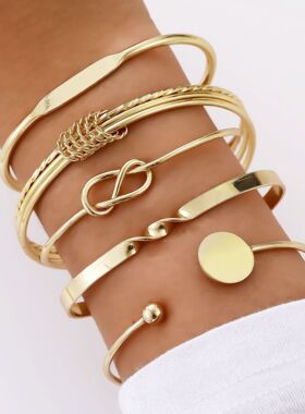 Women Bracelet Sets饰品欧美时尚创意几何光面开口打结手镯5件套