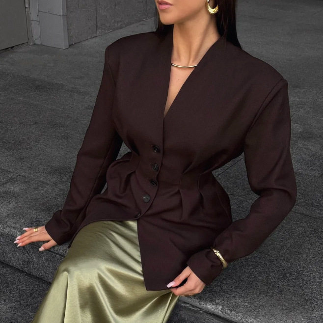 Women Suit Coat秋冬复古单排扣收腰长袖外套欧美女装通勤v领西装