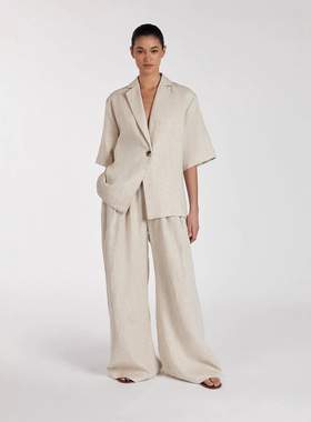 Women Outfit春夏亚麻通勤套装女翻领五分袖开衫上衣阔腿裤两件套