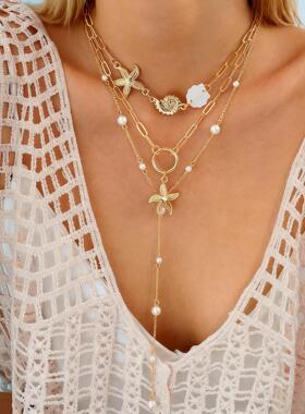 3件套度假仿珍珠海星贝壳海螺吊坠项链欧美个性气质项饰Necklace