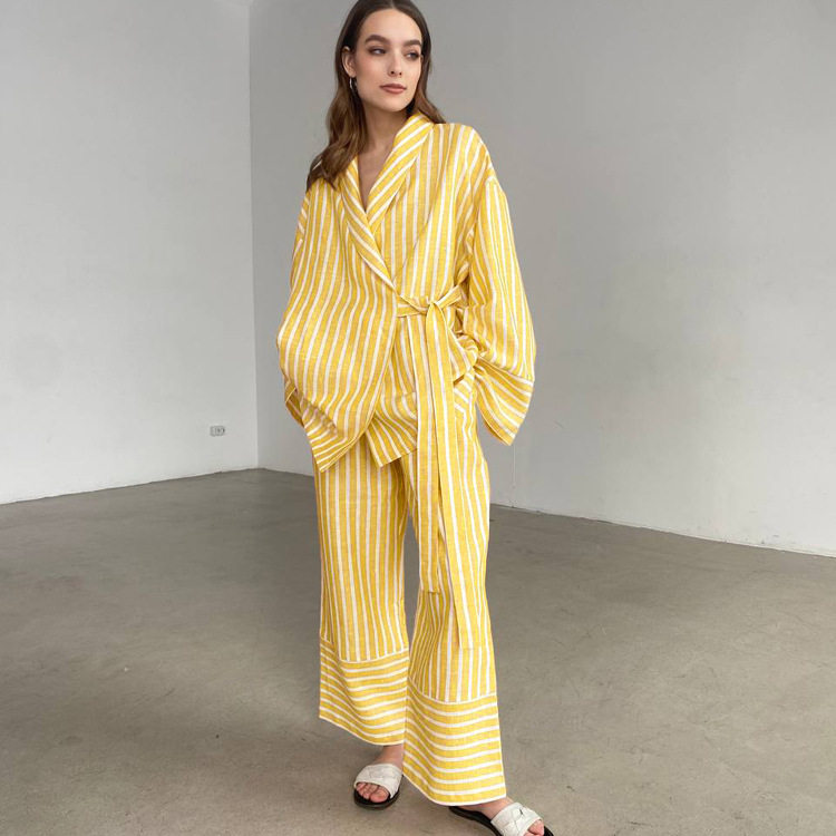 Women Outfit欧美女装秋季条纹宽松系带上衣高腰长裤时尚休闲套装
