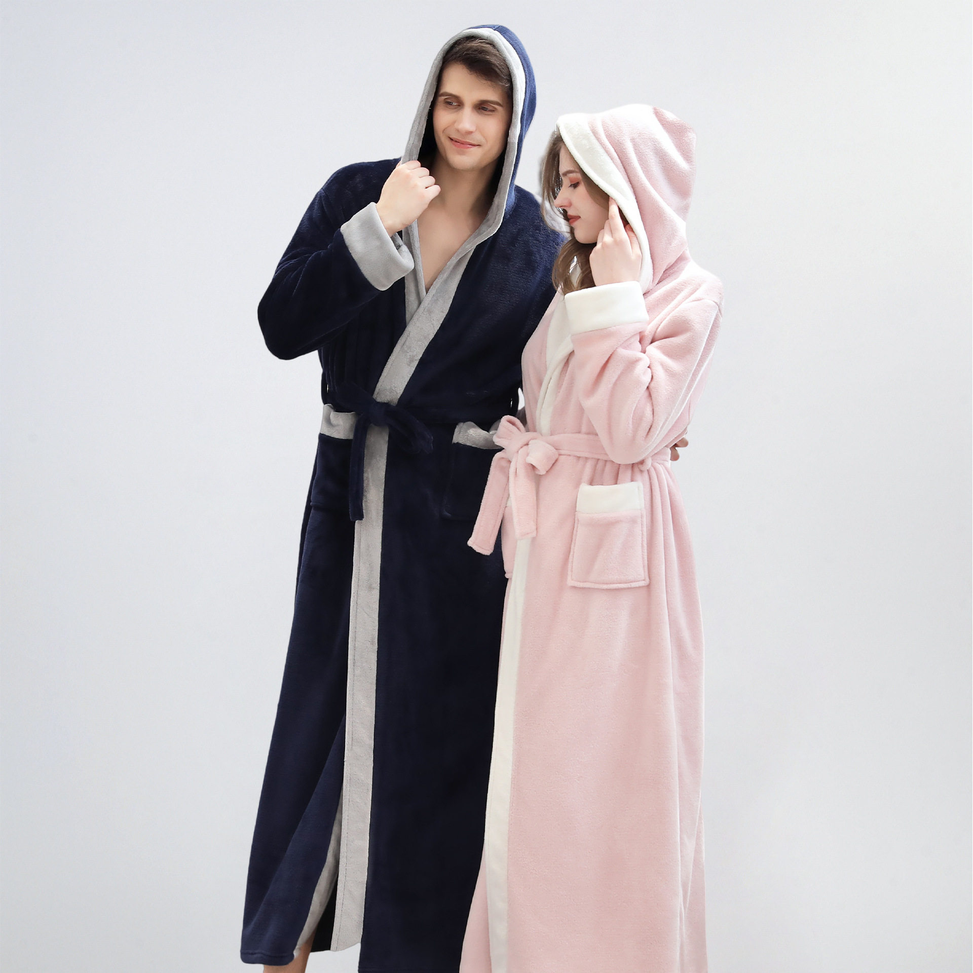 Bathrobe Nightgown法兰绒睡袍连帽浴袍珊瑚绒加厚加长款情侣浴衣