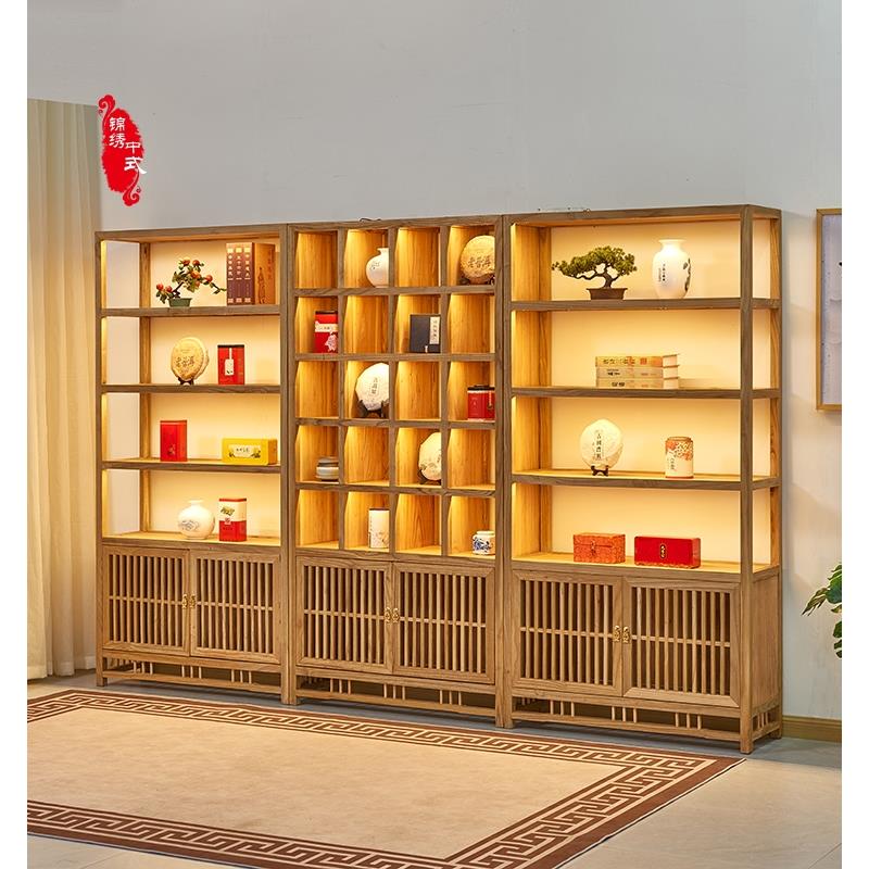 需定制茶叶展示架展示柜货架子实木带灯茶叶店中式陈列架柜简约组