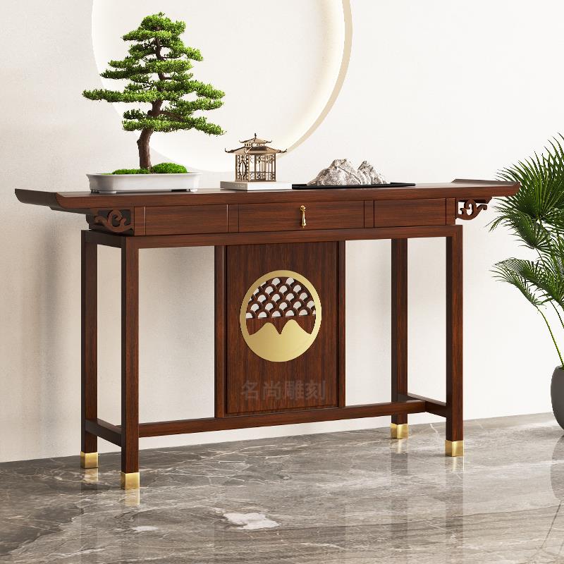 需定制新中式玄关桌乌金木色榆木条案入户实木玄关柜玄关台置物架