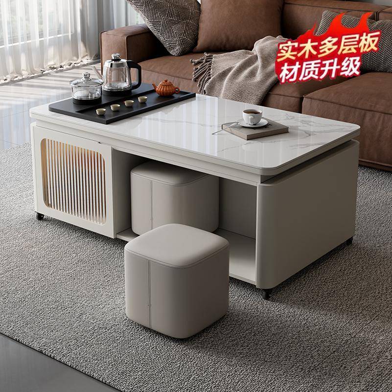 需定制可移动茶几带泡茶台一体餐桌两用小户型客厅家用岩板实木功