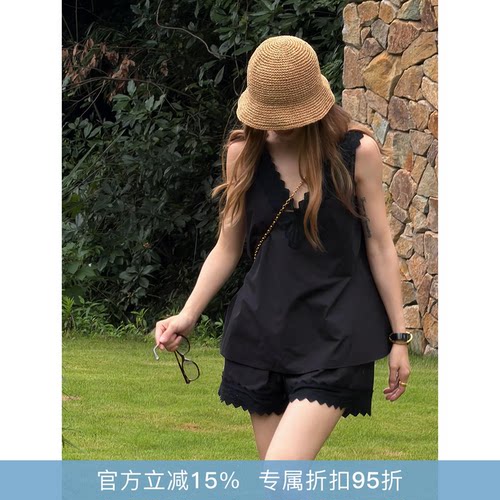 RHER STUDIO“波浪花边套装”100棉黑色背心短裤时尚套装ZRG14