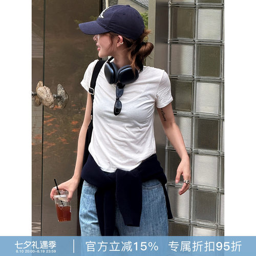 RHER STUDIO 棉+汉麻圆领短袖T恤女显瘦凉快清爽正肩修身T0004