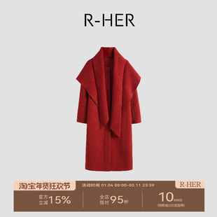 R-HER【绯领长衣】红色气质围脖绵羊毛毛呢外套长款RC25100109