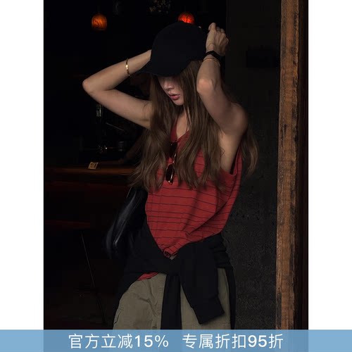 RHER STUDIO“美式条纹”100纯棉红色背心宽松运动坎肩D620B
