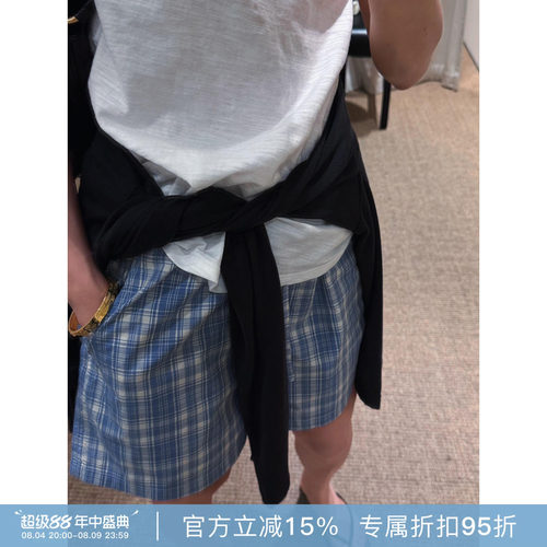 RHER STUDIO“海盐蓝格”复古格子女夏季舒适短裤K782A
